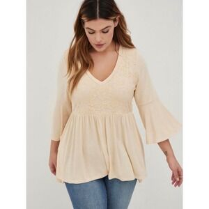 Torrid Women's Size 3 Peach Babydoll V-Neck Lace Bodice Flare Sleeve Top NWOT